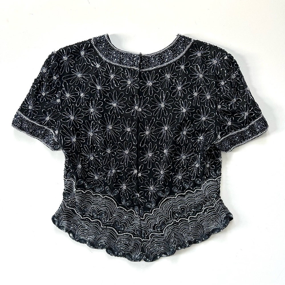 Papéll Boutique Black Silk Daisy Floral Intricate Beaded Short Sleeve Party Top - Picture 4 of 6